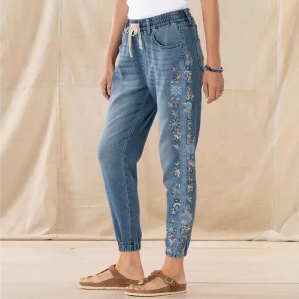 DRIFTWOOD Floral Embroidered Denim Pull-On Jogger Size Large